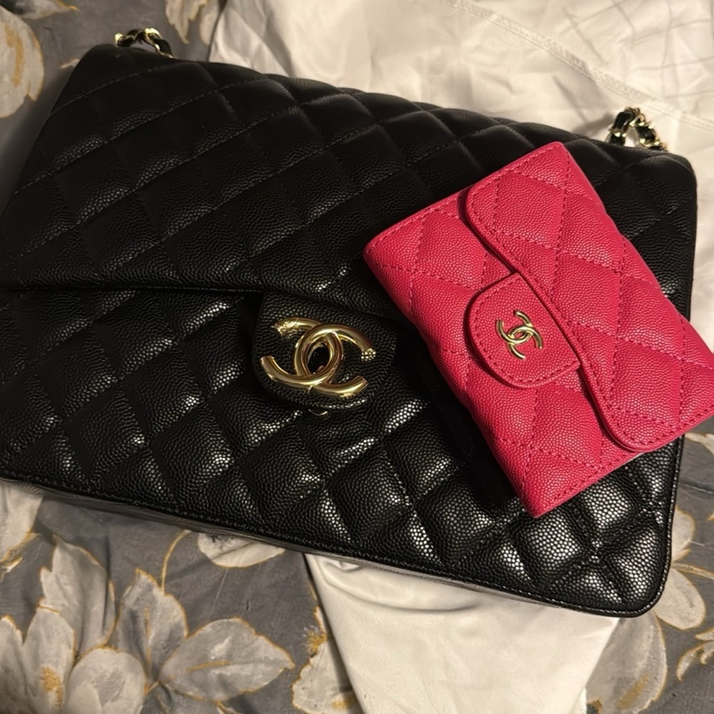 CC Black Quilted Leather Bag with Pink Wallet